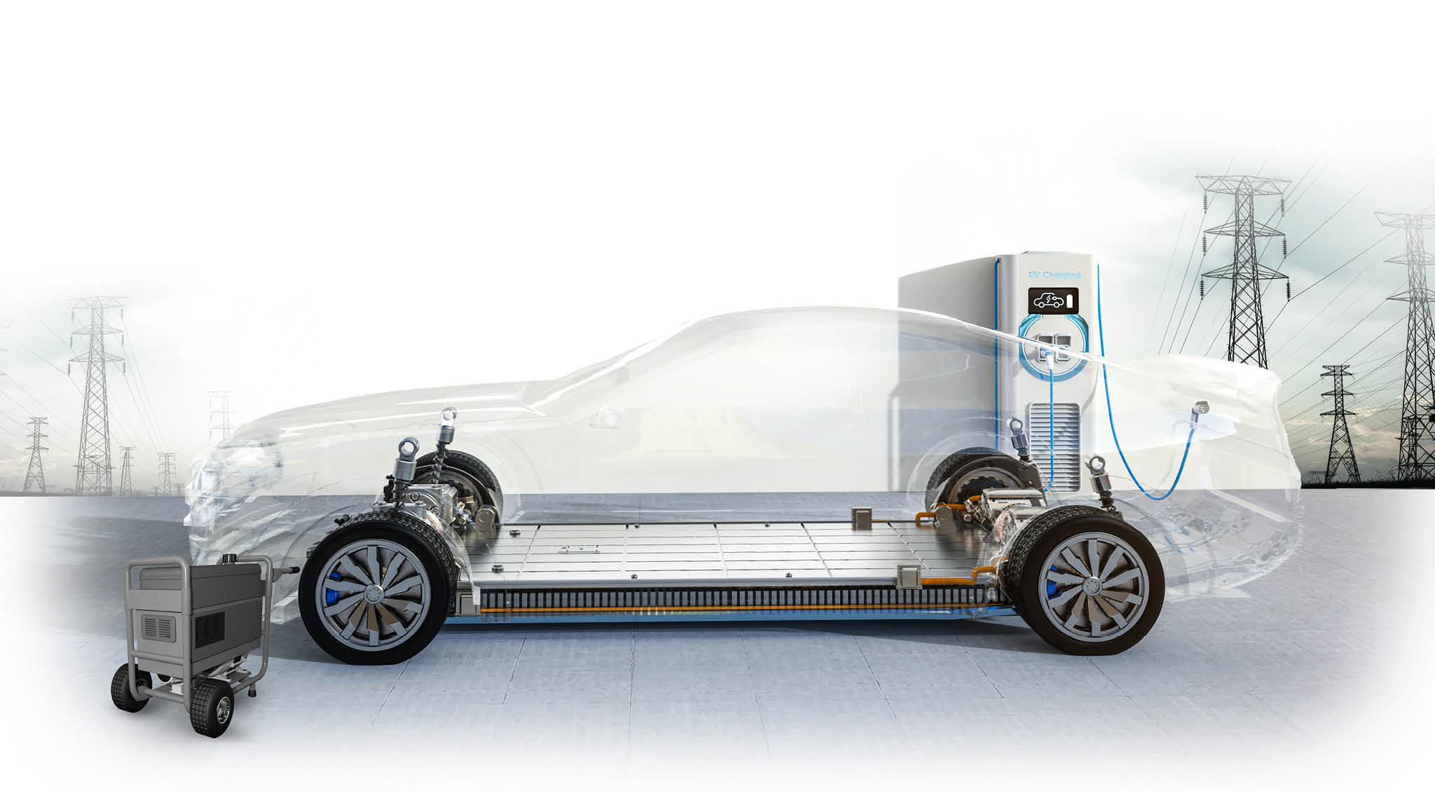 3d rendering transparent ev car or electric vehicle plug in with recharging station