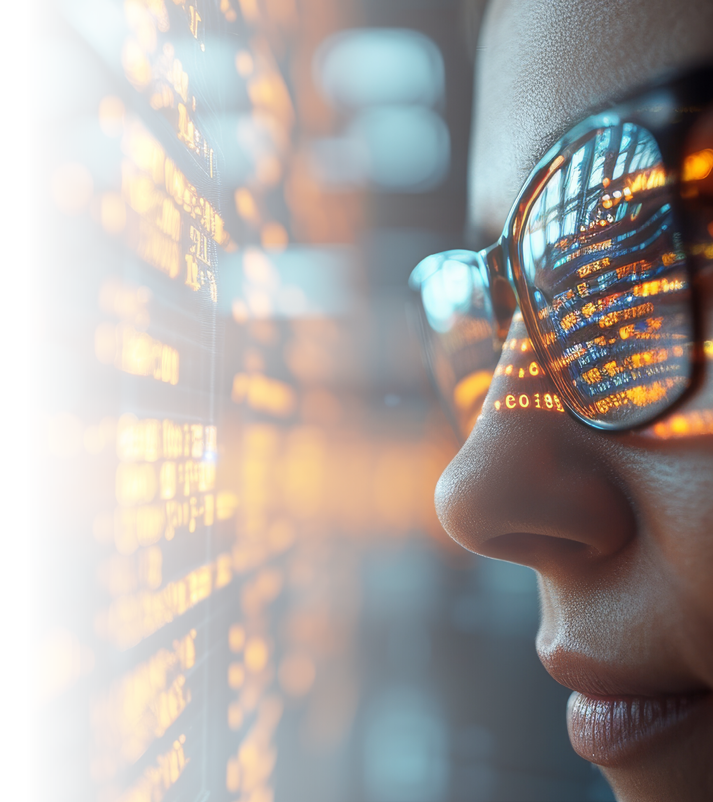 Women in glasses reading html scripts, programming and cyber security research, plus data analytics and holograms of data. A coding or IT person in glasses is reading html scripts, programming and
