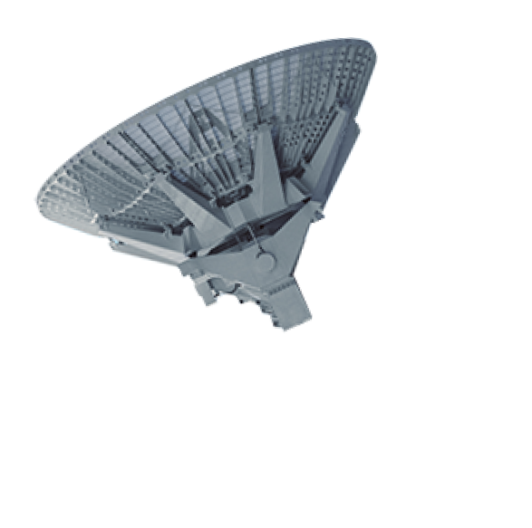 Three satellite dishes perched high atop the deck of a vessel used in tracking rocket trajectories. Long exposure in twilight.