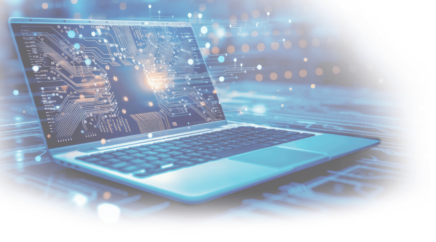 Futuristic illustration about computer technology with a laptop in neon colors. For cover backgrounds, wallpapers and other modern projects. Generated with AI