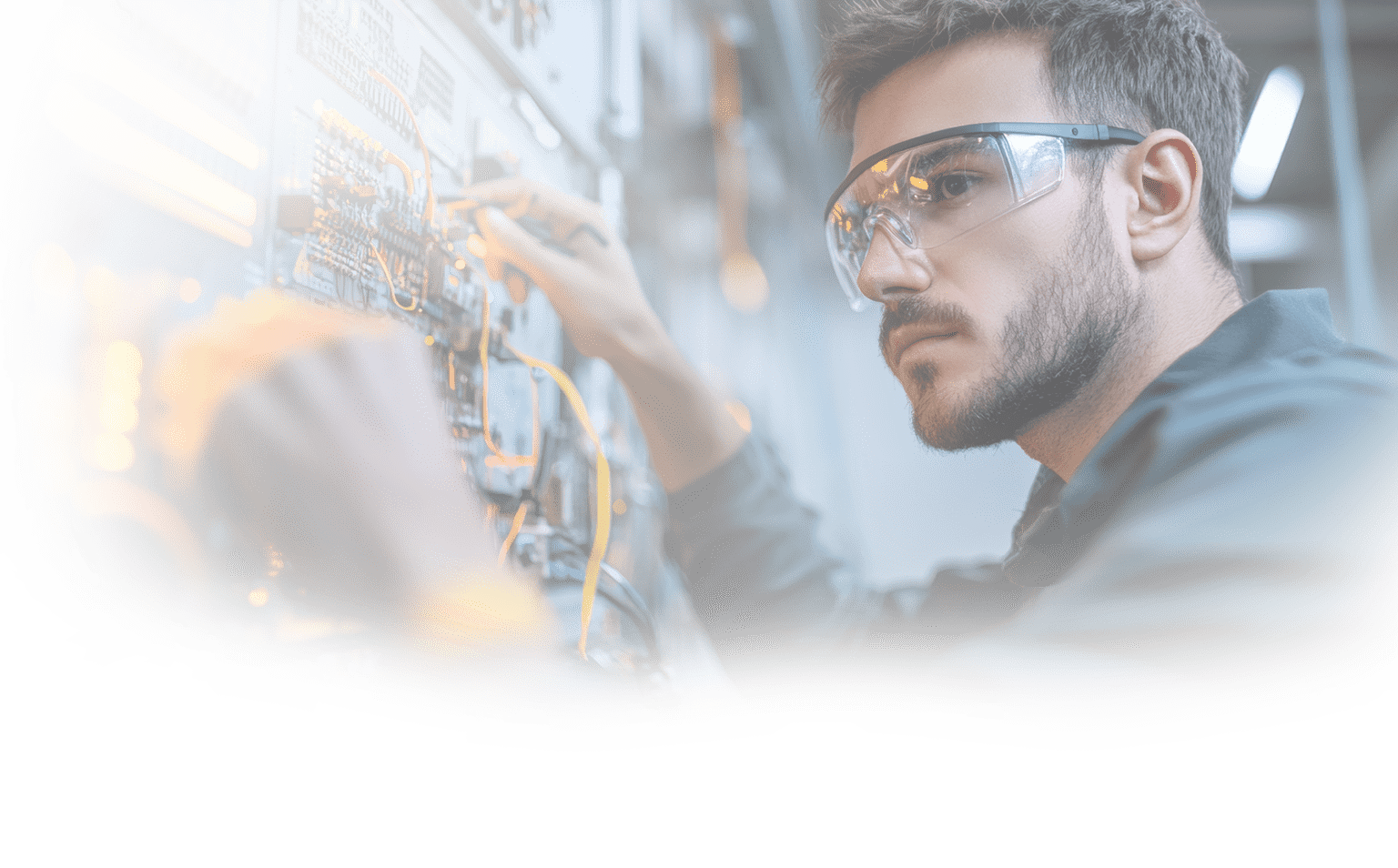 An electrical engineer working in a high-tech lab, wearing safety glasses and holding tools while inspecting complex circuitry. The engineer is focused on a large control panel filled with wires, circuit boards, and electronic components. Nearby, digital monitors display electrical schematics and real-time data. The background shows an industrial workspace with advanced equipment, highlighting the precision and technical skill involved in the engineer's work. The scene is lit with bright, clean lighting, capturing the innovation and complexity of electrical engineering. --ar 16:9 --style raw --v 6.1 Job ID: 98e626a7-4529-4dde-af08-dd29cc17cb1e