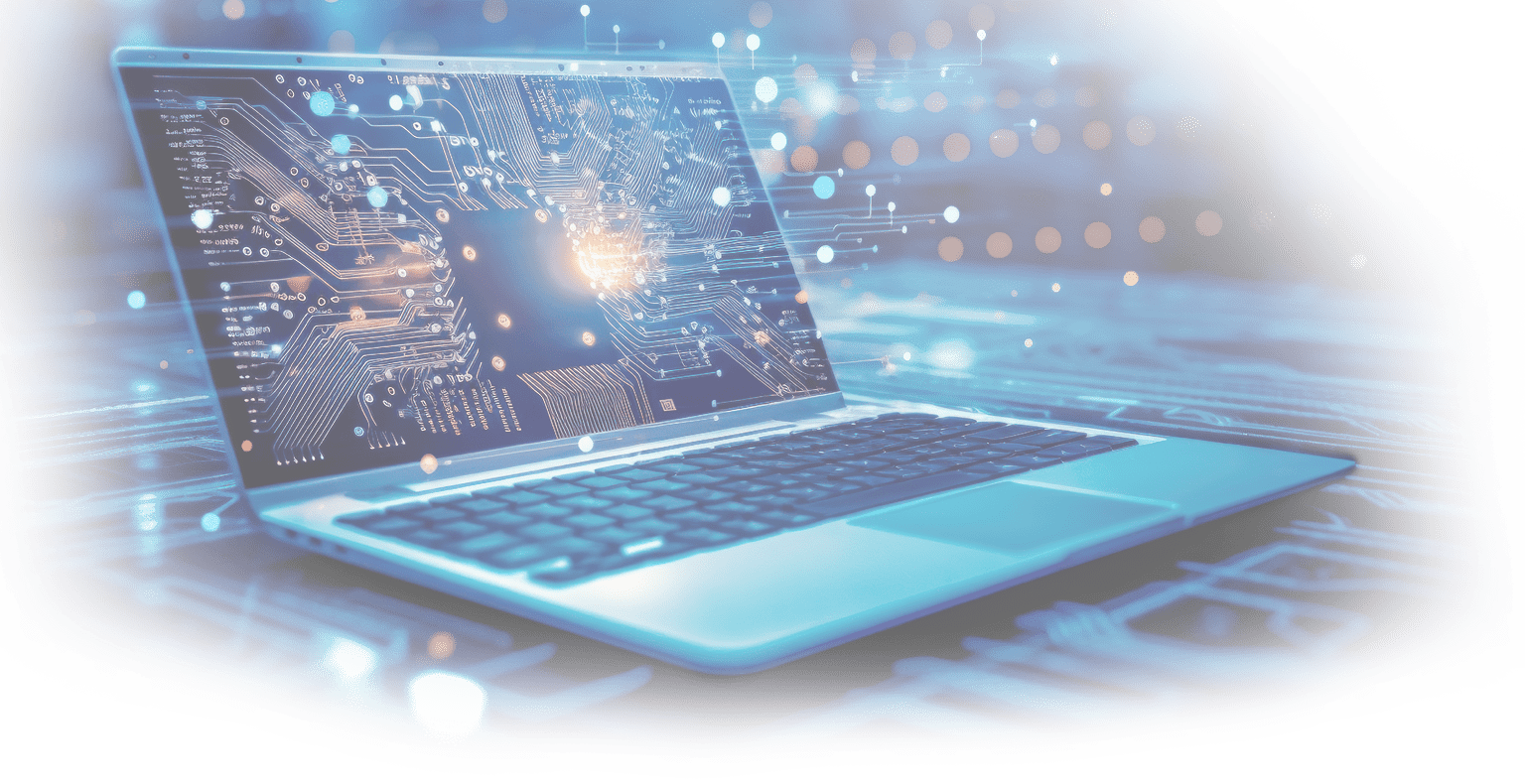 Futuristic illustration about computer technology with a laptop in neon colors. For cover backgrounds, wallpapers and other modern projects. Generated with AI