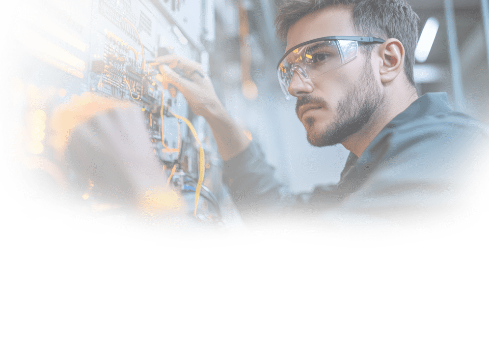 An electrical engineer working in a high-tech lab, wearing safety glasses and holding tools while inspecting complex circuitry. The engineer is focused on a large control panel filled with wires, circuit boards, and electronic components. Nearby, digital monitors display electrical schematics and real-time data. The background shows an industrial workspace with advanced equipment, highlighting the precision and technical skill involved in the engineer's work. The scene is lit with bright, clean lighting, capturing the innovation and complexity of electrical engineering. --ar 16:9 --style raw --v 6.1 Job ID: 98e626a7-4529-4dde-af08-dd29cc17cb1e