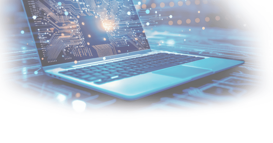 Futuristic illustration about computer technology with a laptop in neon colors. For cover backgrounds, wallpapers and other modern projects. Generated with AI