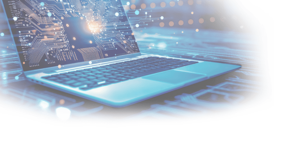 Futuristic illustration about computer technology with a laptop in neon colors. For cover backgrounds, wallpapers and other modern projects. Generated with AI