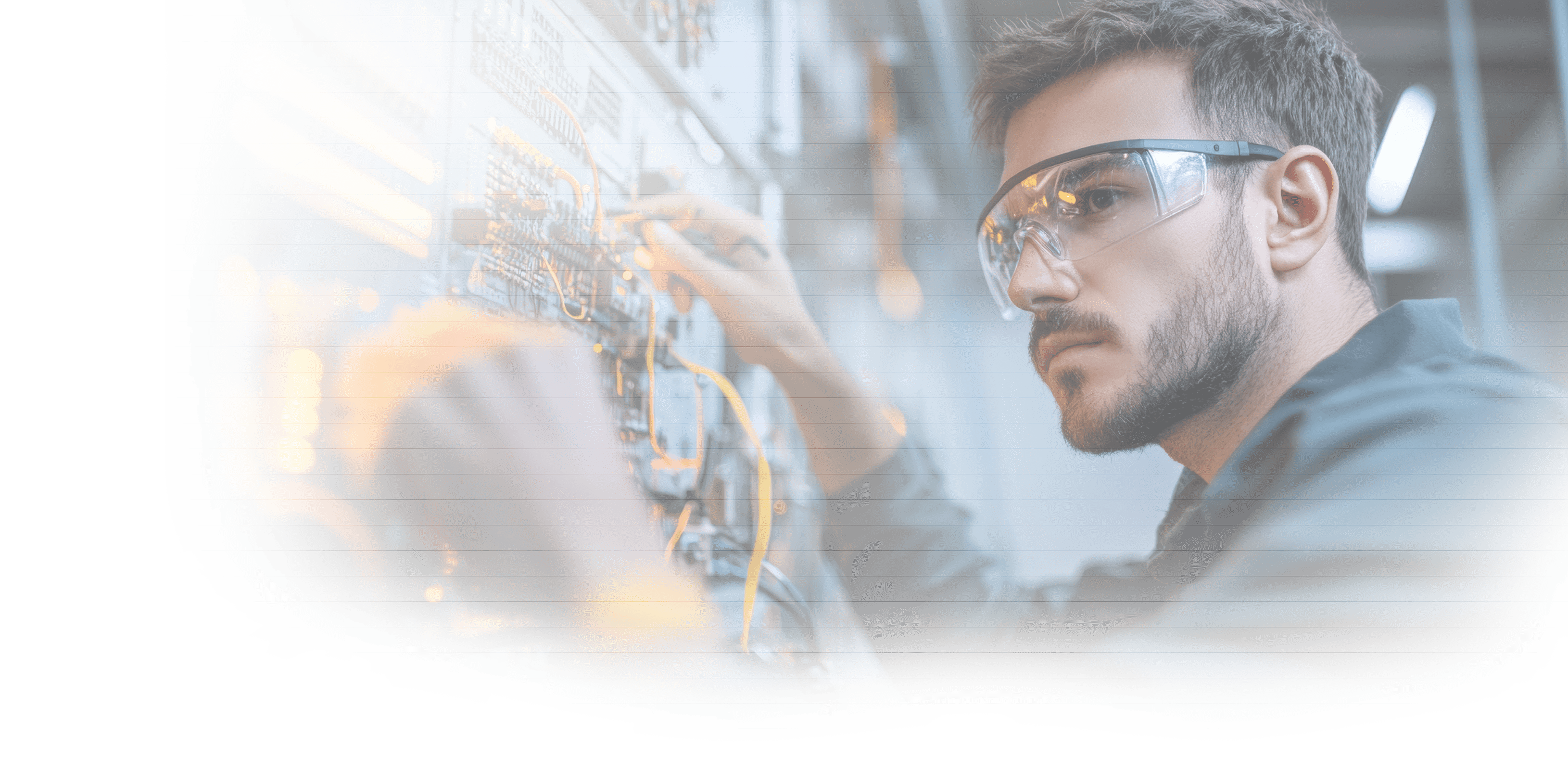 An electrical engineer working in a high-tech lab, wearing safety glasses and holding tools while inspecting complex circuitry. The engineer is focused on a large control panel filled with wires, circuit boards, and electronic components. Nearby, digital monitors display electrical schematics and real-time data. The background shows an industrial workspace with advanced equipment, highlighting the precision and technical skill involved in the engineer's work. The scene is lit with bright, clean lighting, capturing the innovation and complexity of electrical engineering. --ar 16:9 --style raw --v 6.1 Job ID: 98e626a7-4529-4dde-af08-dd29cc17cb1e