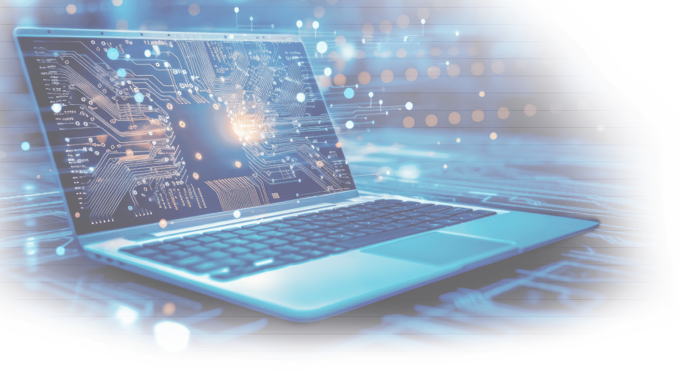 Futuristic illustration about computer technology with a laptop in neon colors. For cover backgrounds, wallpapers and other modern projects. Generated with AI