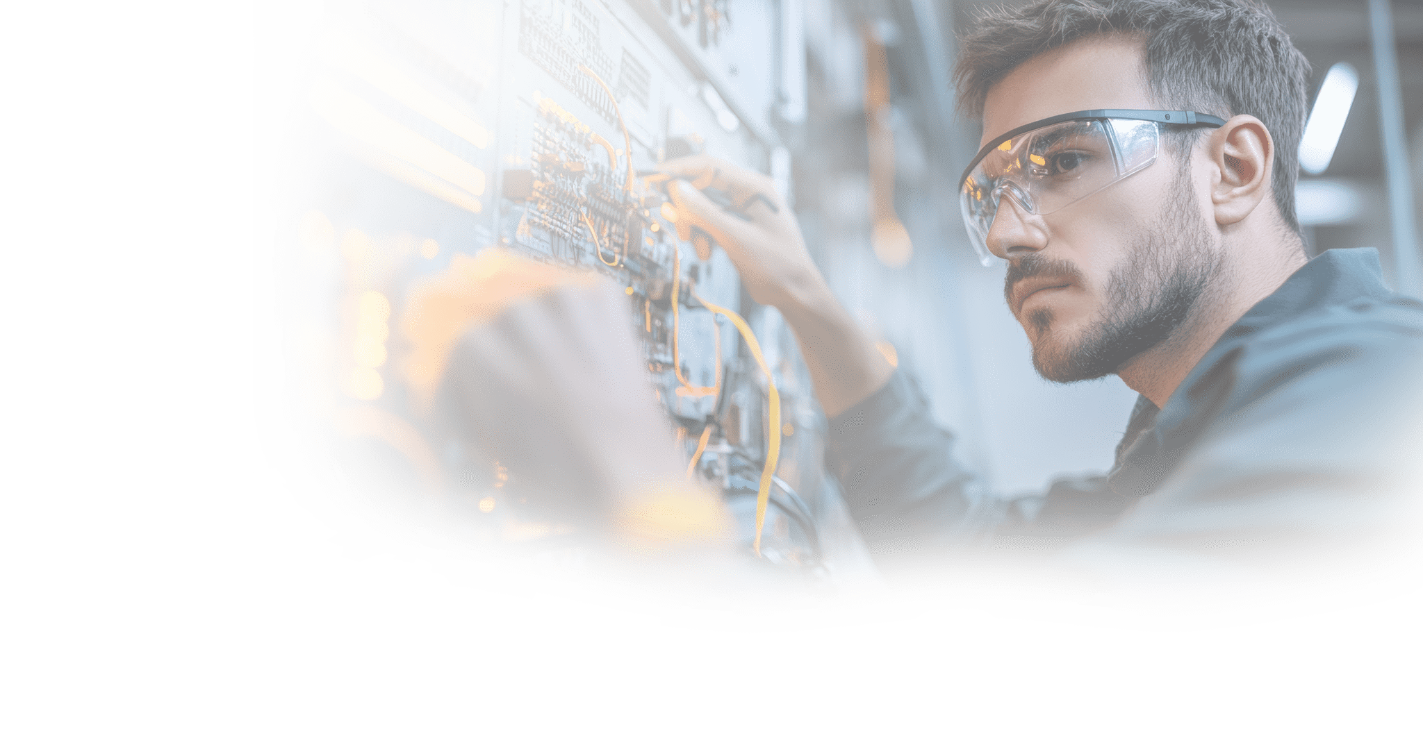 An electrical engineer working in a high-tech lab, wearing safety glasses and holding tools while inspecting complex circuitry. The engineer is focused on a large control panel filled with wires, circuit boards, and electronic components. Nearby, digital monitors display electrical schematics and real-time data. The background shows an industrial workspace with advanced equipment, highlighting the precision and technical skill involved in the engineer's work. The scene is lit with bright, clean lighting, capturing the innovation and complexity of electrical engineering. --ar 16:9 --style raw --v 6.1 Job ID: 98e626a7-4529-4dde-af08-dd29cc17cb1e