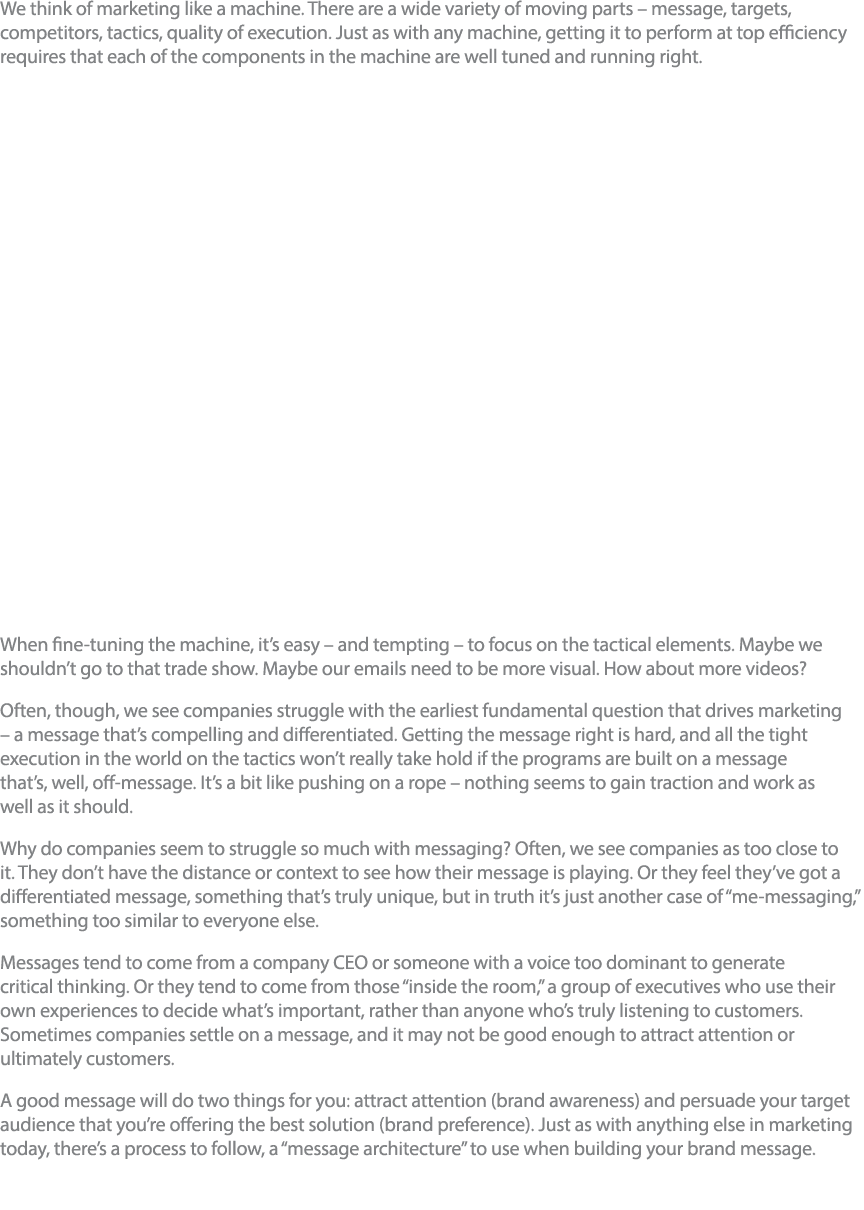 We think of marketing like a machine  There are a wide variety of moving parts   message, targets, competitors, tacti   